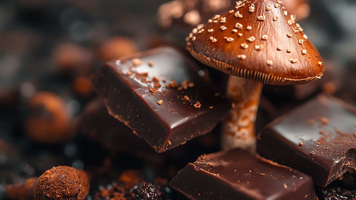 A close-up macro shot of dark chocolate pieces and a brown mushroom with small beige spots, set against a dark blurred background.